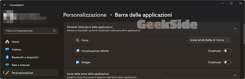 rimuovere icone barra applicazione windows 11