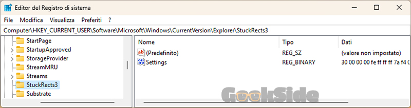 spostare barra delle applicazioni windows 11 editor registro